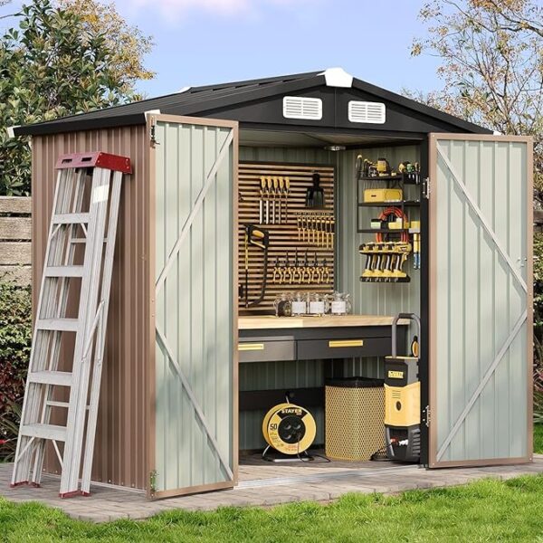 Aoxun 6.2×4 FT Shed Outdoor Storage Shed with Lockable Doors & Slooping Roof Metal Garden Tool Shed for Backyard, Patio, Poolside (Brown)